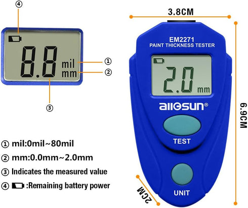 allsun Paint Thickness Gauge, Automotive Digital Car Coating Thickness Meter with Calibration Data Hold