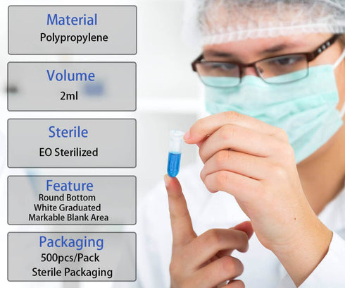 2ml Microcentrifuge Tubes, 500pcs EO Sterilized Plastic Vials with Caps for Sample Storage without Leakage