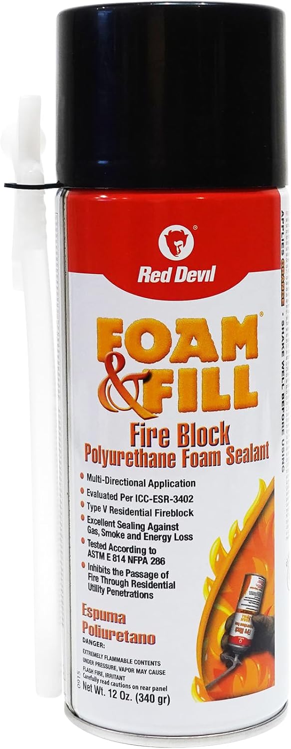 Red Devil Spray Foam & Fill Fire Block Expanding Insulation, Polyurethane Foam Sealant, 12 oz