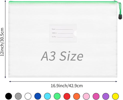 EOOUT 24pcs A3 Extra Large Mesh Zipper Pouch Bags, 16.9x12 Inches Document Bag with Label Pocket for Organizing