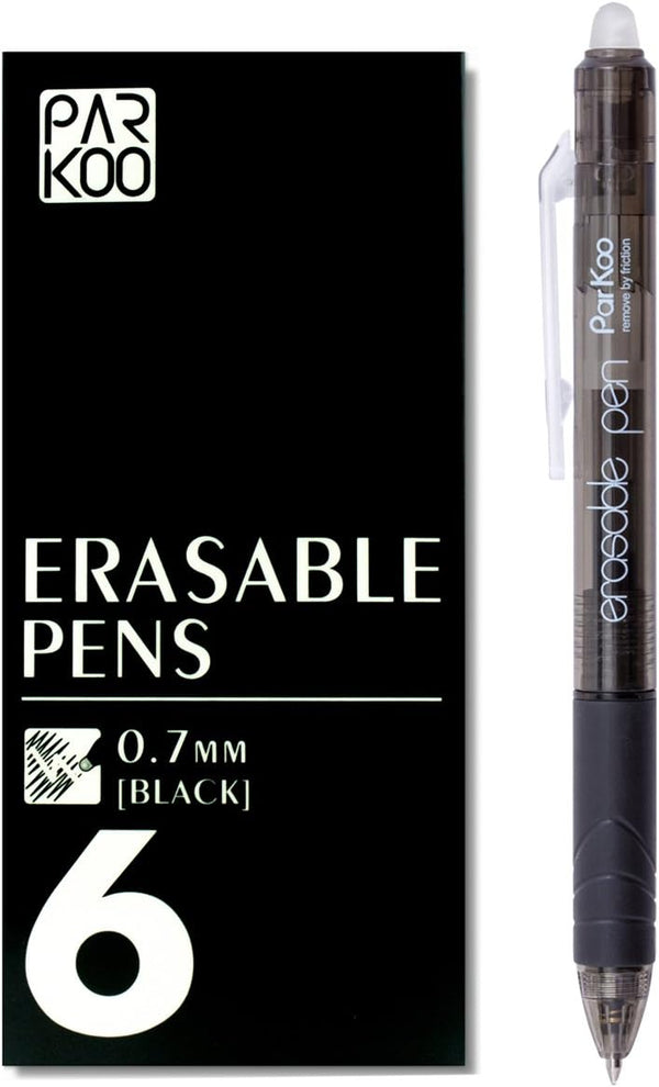 ParKoo 6-Pack Retractable Erasable Gel Pens, Fine Point Black Ink for Note Taking & Crossword Puzzles