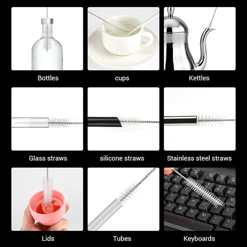 10Pcs Silver Long Straw Brush, Nylon Pipe Tube Cleaner 8-inch Set, Long Straw Brush for Sippy Cup Cleaning