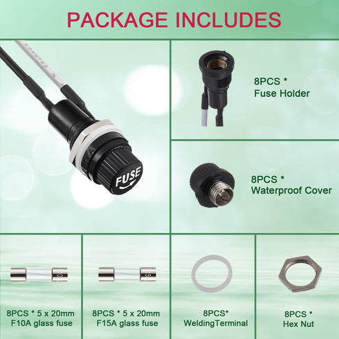 Panel Mount Fuse Holder 5X20 mm 250V AC 10A 125V AC 15A 12V DC with Pre-Soldered Wires and Fuse Kit