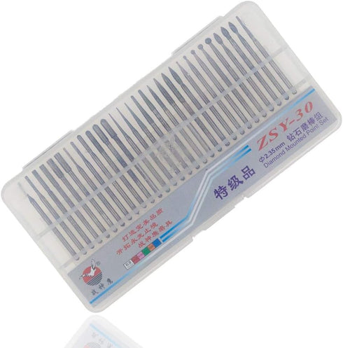 Yakamoz 30Pcs Titanium-Coated Diamond Burrs Set, 2.35mm Shank Rotary File Burs for Grinding Polishing Jewelry Glass