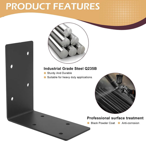 4 PCS Heavy Duty Steel Corner Brackets, 6"x6"x3"L Right Angle Bracket, Metal Joint Timber Connector Support for Wood