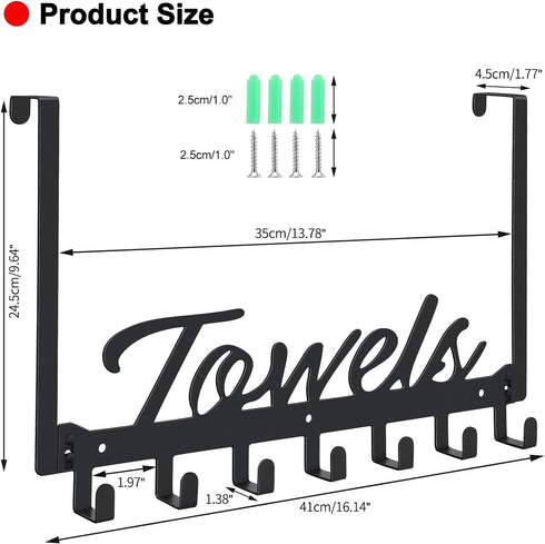 2 Pack Over The Door Hooks, Towel Rack for Bathroom Towel Holder for Hanging Heavy Duty, Wall Mount Towel Hanger with 14 Hooks for Bedroom Bathroom Kitchen Towels, Bag, Coats, Hats - Black by Azmoncy