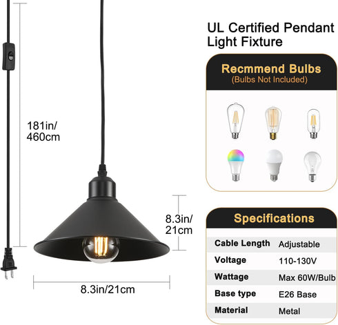 AOJUNSANSAN 2 Pack 15ft Black Plug in Pendant Light, Industrial Hanging Lamp Black Vintage Pendant Lighting Fixtures