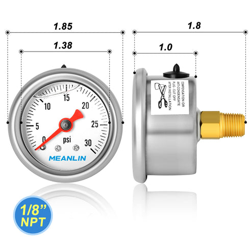 MEANLIN MEASURE 2pcs 0~30Psi Stainless Steel Liquid Filled Pressure Gauge, 1/8" NPT 1.5" Glycerin Filled