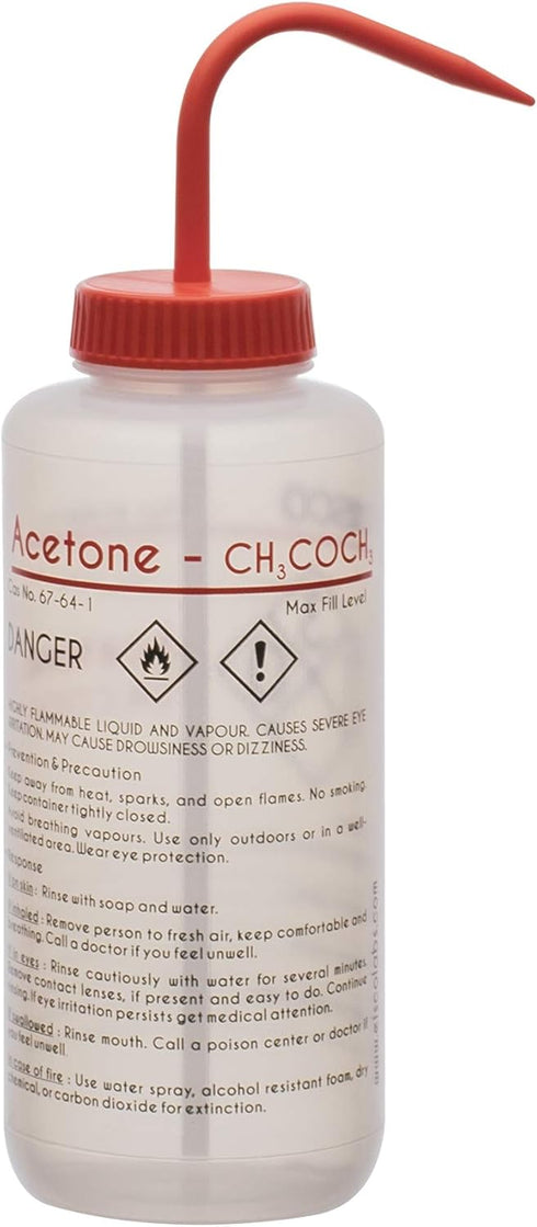 EISCO Wash Bottle for Acetone, 1000ml - Labeled with Color Coded Chemical & Safety Information (2 Colors)