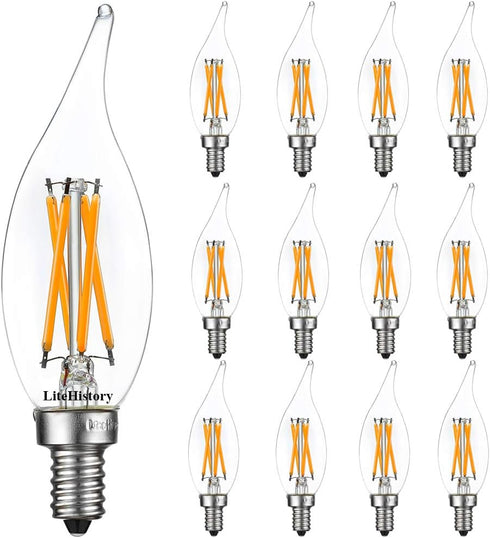 LiteHistory E12 Dimmable LED Bulb, 6W Equal to 60W, 2700K AC120V Candelabra Bulb, 600LM Clear, 12-Pack