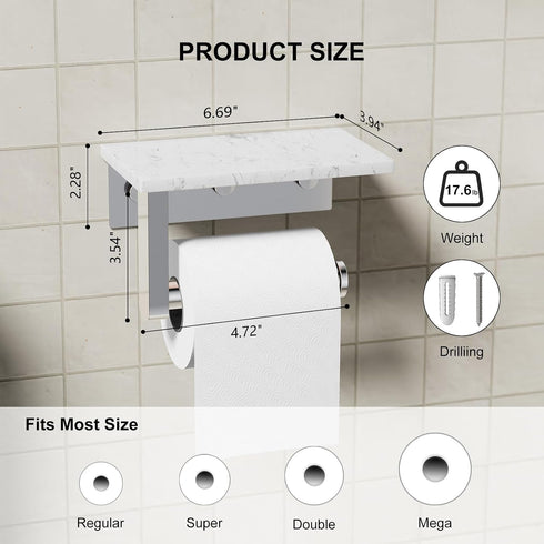 304 Toilet Paper Holder with Marble Shelf, Stainless Steel Tissue Hand Holder Wall Mounted Toilet Paper Roll Hold