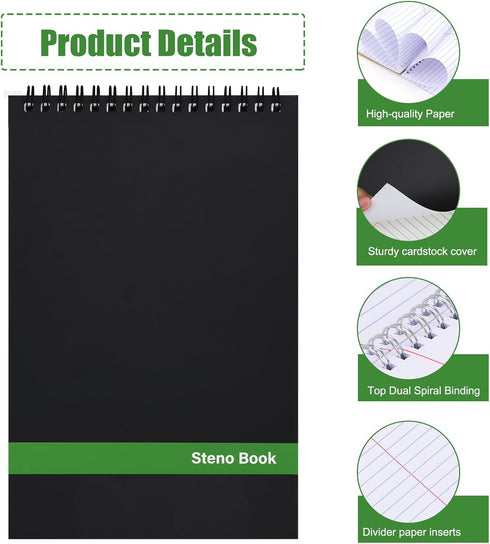 EOOUT 5 Pack Top Spiral Steno Pads, 6x9 Inches, Black Covers, 80 Sheets Gregg Ruled Notepads for Writing Notes in