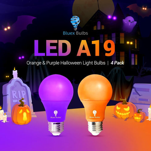 4 Pack LED Light Bulbs: A19 Purple & Orange 9W (60W Replacement) E26 Base for Home, Party, Halloween Lighting