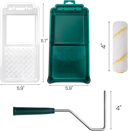 17 Pack, 4 Inch Paint Roller Kit, Paint Roller, Small Paint Roller, Mini Roller Frame, Paint Tray Liners