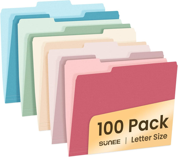 SUNEE File Folders, Letter Size Retro Colors, 100 Pack for Documents, 1/3-Cut Tabs, Colored Folders for Office Home