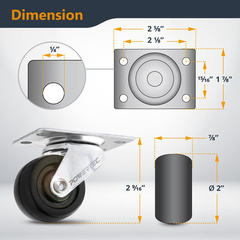 2 Inch Set 4 160 lbs (17210) POWERTEC Swivel Caster Wheels of with Loads, Heavy Duty Plate Casters, Rubber Castor