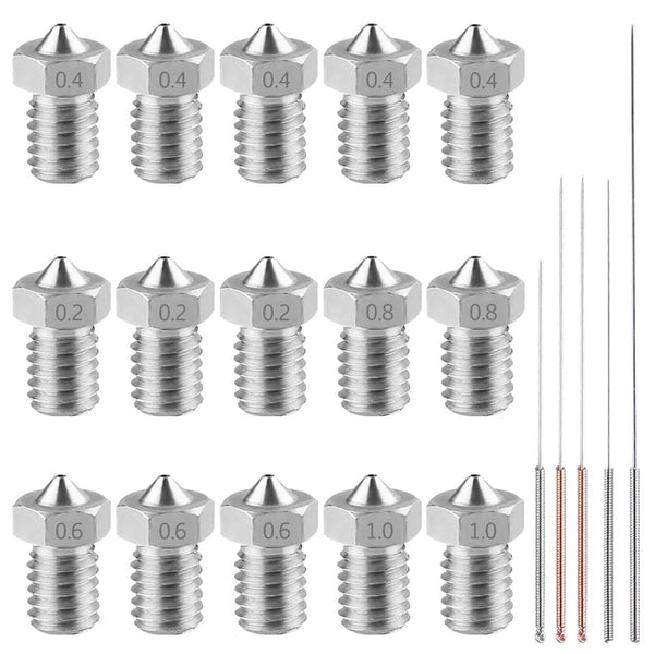AFUNTA 15 PCS M6 3D Printer Stainless Steel Nozzles - Compatible with E-3D Makerbot & ANET A8, 5 Sizes