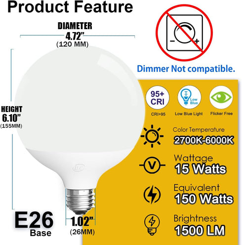 ILC G120 LED Large Globe Light Bulbs, 15W Color Changing, 150W Equivalent, E26 Base, 4.72 inch, 2 Pack