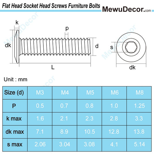 MewuDecor M6 70mm 5 Sets x Socket Cap Furniture Bolts with Barrel Nuts for Furniture Cots Beds Crib and Chairs, Carbon