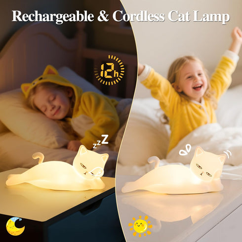 16 Colors+5 Dimming+Silicone Lying Flat Cat Lamp Funny Gifts, Random Stuff, Touch+Remote+Recharge Night Light for Kids