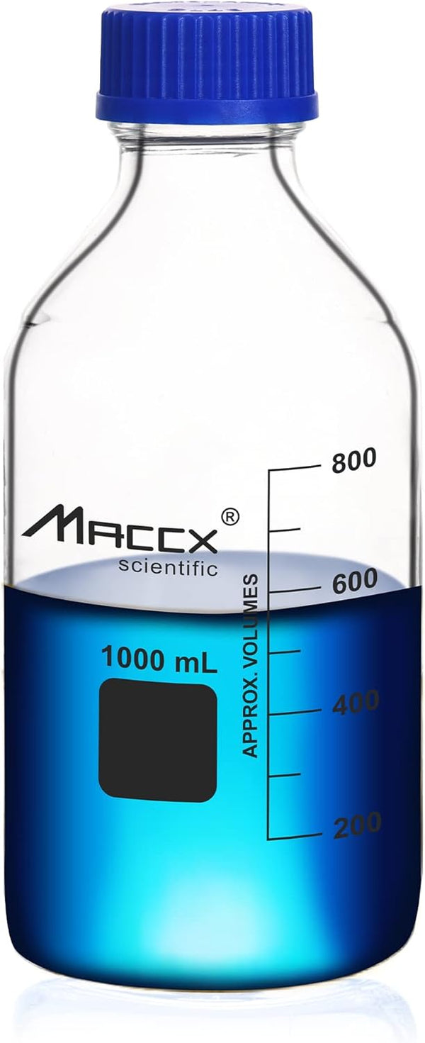 Glass Round Media Storage Bottles - 1000ml Volume, 3.3 Borosilicate Glass with GL45 Polypropylene Screw Cap