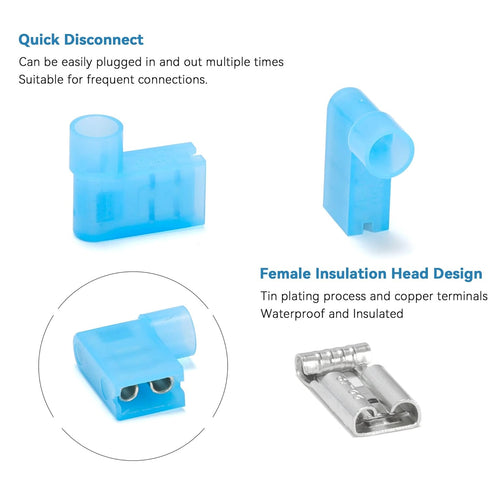 HKS 100 PCS Blue Flag Spade Terminals Female - 16-14 AWG Nylon Quick Disconnect Wire Connector