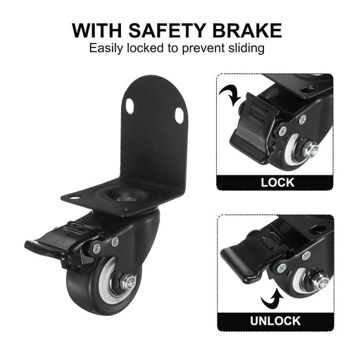 2" 2 PATIKIL Side Mount Casters with Brake Pcs L-Shaped Plate Swivel Wheel Bearing Rolling Caster for Furniture