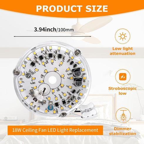 Frandilo 4inch 6000K, 18W Dimmable 120V 1800LM 1) Ceiling Fan LED Light Replacement LED Retrofit Kit Ceiling Fan Light
