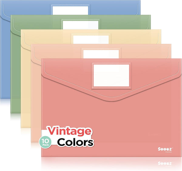Sooez 10Pack Plastic Envelopes, Plastic File Folder, Folders for Documents in Vintage Colors, Heavyweight Plastic
