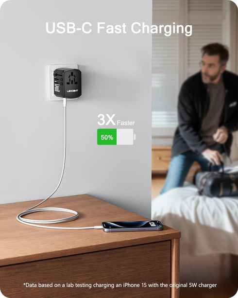 LENCENT Universal Travel Adapter, International Charger with 3 USB Ports and Type-C PD Fast Charging for iPhone,
