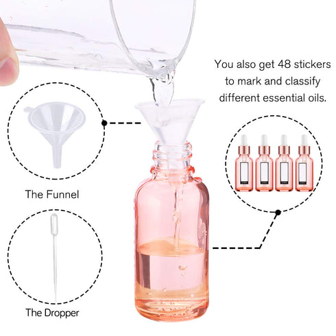 PrettyCare 1 oz Eye Dropper Bottle (24 Pack) Rose Glass Bottles with Measured Pipettes, Golden Caps & Labels