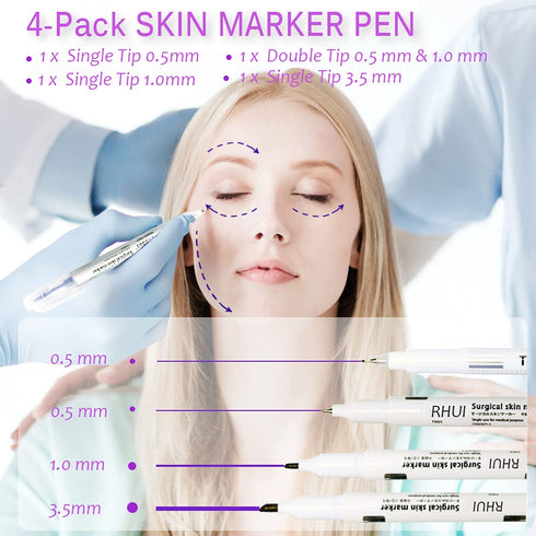 Surgical Skin Marker Pen, 4-Pack Professional Sterile Tip Tattoo Stencil Markers, Individually Wrapped