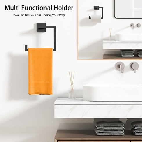 Matte Black Square Towel Ring, Multifunctional Toilet Paper and Hand Towel Holder for Bathroom Wall Mount, Stainless