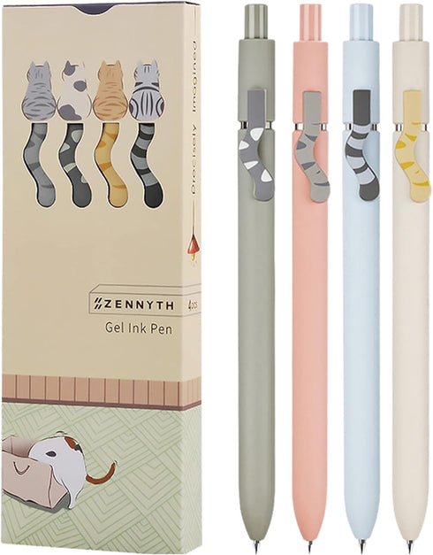 Cat Pens, 4 Pcs 0.5mm Cute Kawaii Black Ink Fine Point Smooth Writing Pens, High-End Cat's Tail Retractable