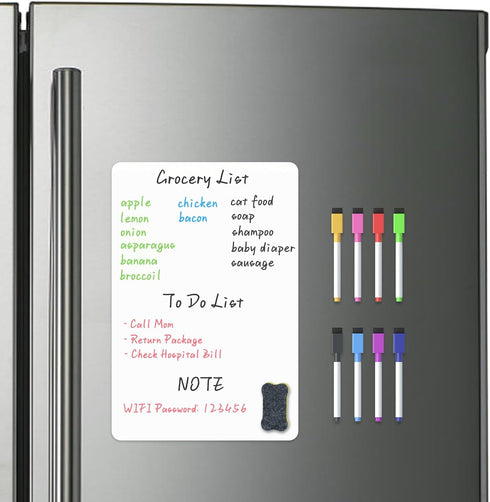 Magnetic Whiteboard for Fridge, 12 x 8 Inches, Small Dry Erase Board with 8 Markers and 1 Eraser