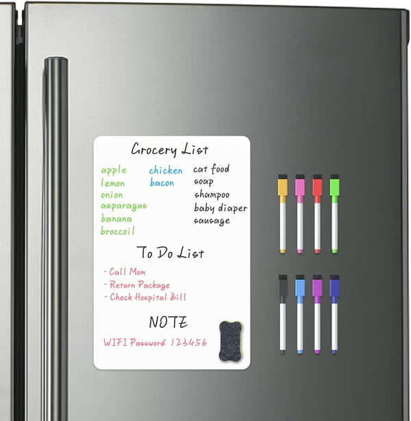 Magnetic Whiteboard for Fridge, 12 x 8 Inches, Small Dry Erase Board with 8 Markers and 1 Eraser