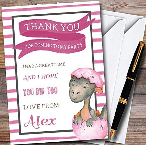 The Card Zoo Girls Pink Baby Dinosaur Personalized Childrens Birthday Party Thank You Cards