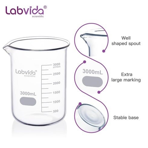 Glass Beaker, 3000ml Volume, 3.3 Borosilicate Griffin Low Form with Printed Graduation