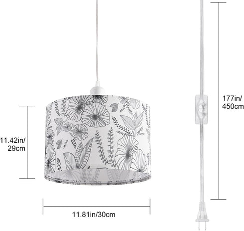 2 Pack 15Ft Plug in Pendant Light, Hanging Light with Clear Cord, On/Off Switch, Flower Fabric Lamp Shade, Hanging
