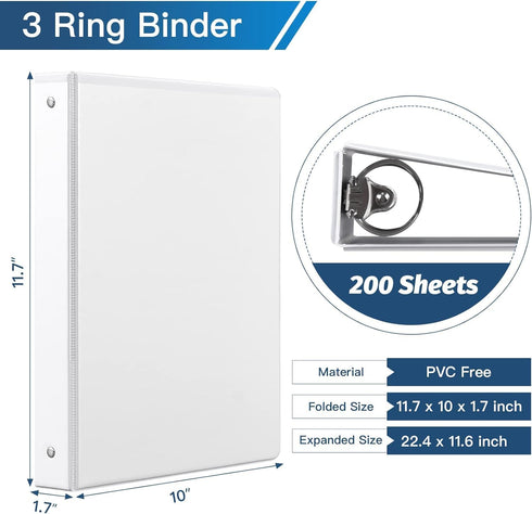 SUIN 1'' 3 Ring Binder - 12 Pack White View Binders with Round Ring, Large 200 Sheet Capacity