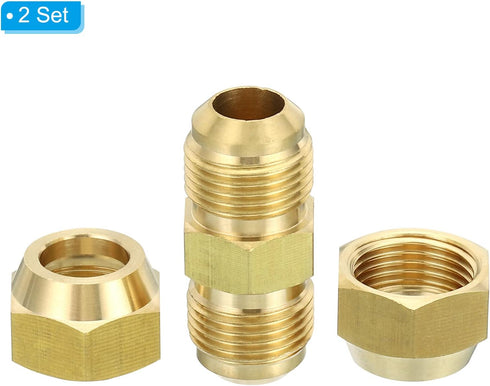 PATIKIL 1/2" OD Brass Flare Union Connector, 2 Set Air Conditioning Copper Double Pipe Extension Joint Fittings