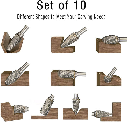 Long Carbide Rotary Burr Set, 10Pcs Double Cut 1/8" Shank for Woodworking, Steel Metal Polishing, Engraving