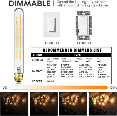 Leools T10 LED Long Bulbs 8W, E26 Dimmable Tubular Bulb, 75 Watt Equivalent, 2700K Warm White, 4-Pack, 8.9in (225mm).