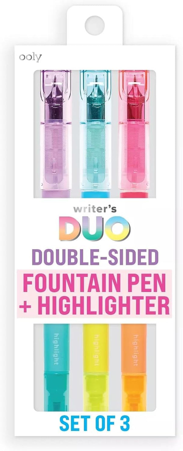 Ooly Writer's Duo Highlighter & Fountain Pen Combo - Set of 3 Different Colored Fountain Pen Tips for Art Supplies