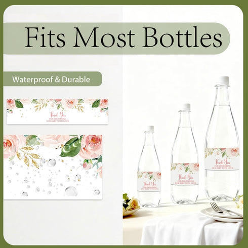 KongMoTree 100 Pcs Baby Shower Water Bottle Labels, Personalized Water Bottle Labels, Baby Shower Sticker, Pink Floral