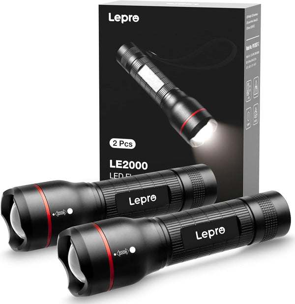 Lepro LED Flashlights LE2000, High Lumen, 5 Lighting Modes, Waterproof Pocket Size Flashlight, 2 Pack for Outdoor
