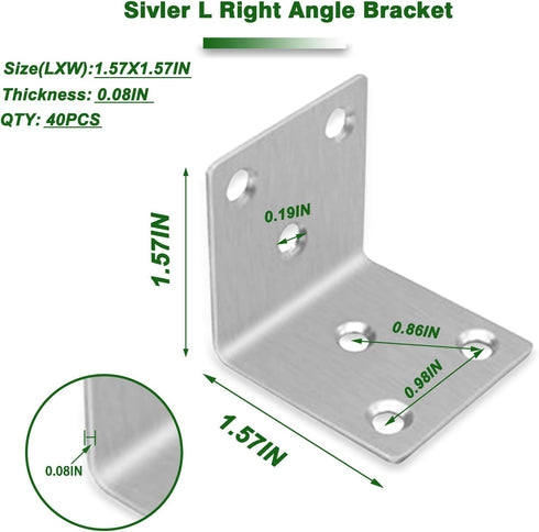 40PCS 1.5'' Brackets,304 90 Shelf(Silver,1.5X1.5X0.08IN) Metal Angle Stainless Steel Heavy Duty Angle Bracket