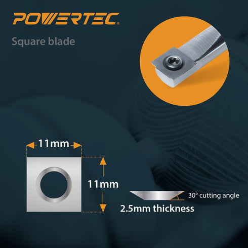 POWERTEC Tungsten Carbide Cutter Insert Set, 6 Pcs for Wood Lathe Tools, 11mm Flat Square, 12mm Round, 10 x 28mm Diamond