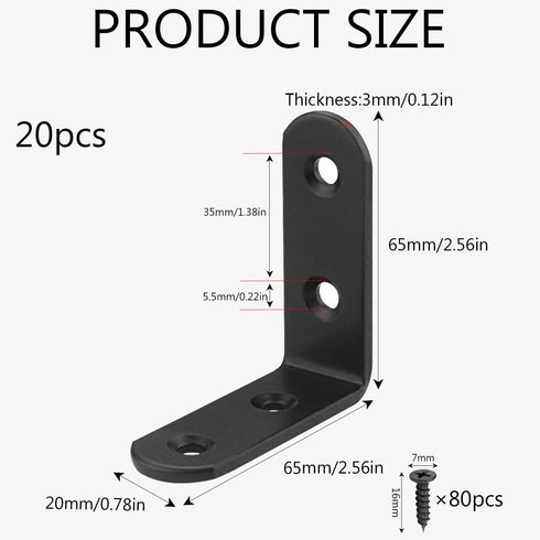LOSYHU 20 2.5''x 2.5'' 80 3MM PCS Black Corner Brace Heavy Duty L Bracket Corner Braces with pcs Screws, Thic Kness