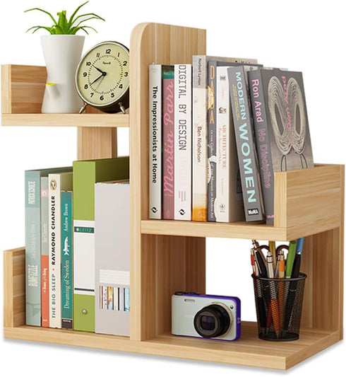 Wood Desktop Shelf, Small Assembled Bookshelf for Office Supplies, Literature Holder Display Rack (Walnut Color)